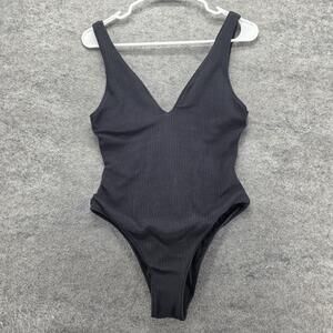 Seafolly One Piece Womens 12 Black Textured V-Neck Lined Wide Strap Logo